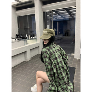 實價實拍~時髦複古綠色格子長袖防嗮襯衫薄款慵懶感外套上衣