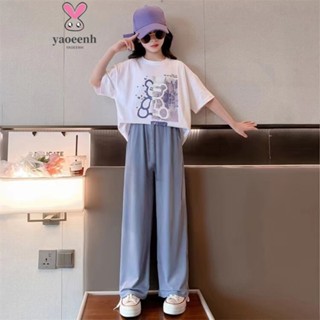 【YAOEENH】120-170CM 夏季女童寬鬆休閒短袖長褲套裝 中大童可愛小熊直筒褲兩件套 現貨 快速出貨