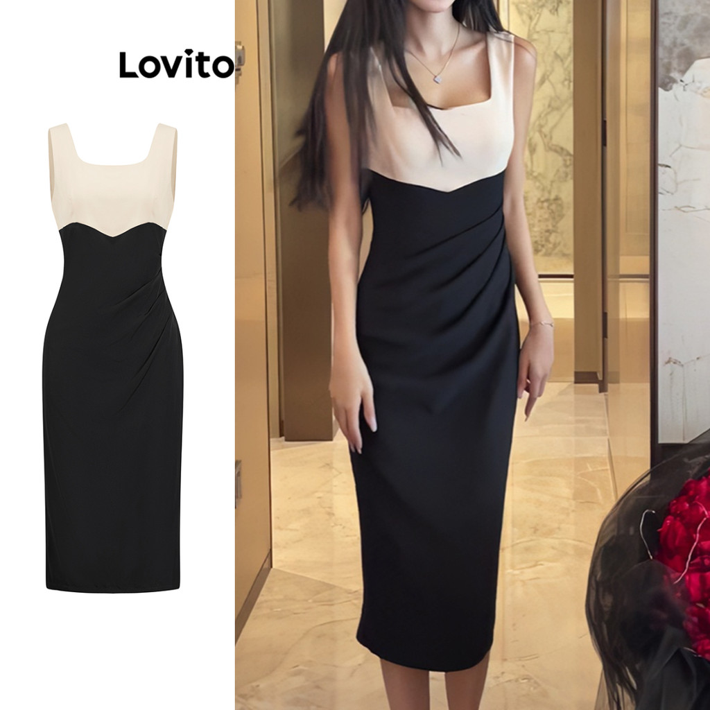 Lovito 女士優雅素色拼色洋裝 L104ED521