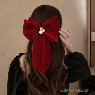 ✨爆款免運#髮夾網紅髮飾大新款韓國後腦勺蝴蝶結頭飾女髮卡紅色頂夾珍珠絲絨