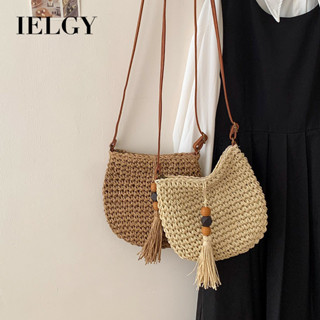IELGY 草編斜揹包 流蘇木珠手工編織包 度假沙灘包 百搭