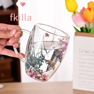 FKILLA乾花杯,耐熱高硼矽玻璃雙層玻璃杯,帶手柄花卉INS趨勢簡單茶咖啡杯創意禮品