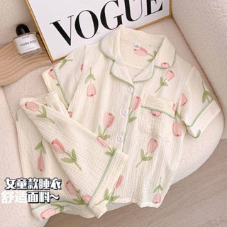 🌈Smile Kids🌈女童睡衣 臺灣出貨 女童甜美鬱金香睡衣薄款夏天小女孩新款短袖套裝兒童家居服可外穿