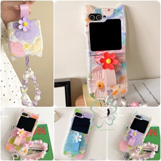 SAMSUNG 可愛貓耳邊花卉圖案軟殼三星 Galaxy Z Flip 6 Z Flip 5 Z Flip 4 Z Fl