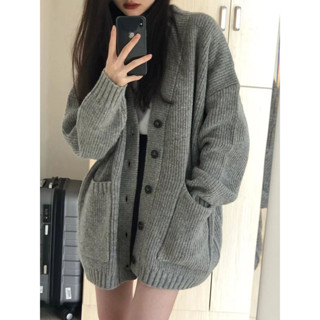 💖臺灣出貨💖 灰色中長款毛衣外套女 春秋新款外搭針織外套 外穿慵懶復古奶系穿搭秋冬針織開衫 冬裝 女裝