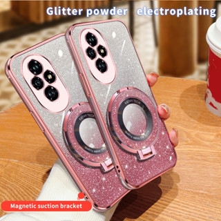 適用於華為 Honor 200 Pro 防震軟矽膠電鍍手機殼保護套帶手機支架的 Bling Glitter 透明環形支架