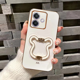 手機殼適用於 OPPO A3x Reno12F OPPOA3X 5G 直邊電鍍手機殼帶可愛熊支架後蓋