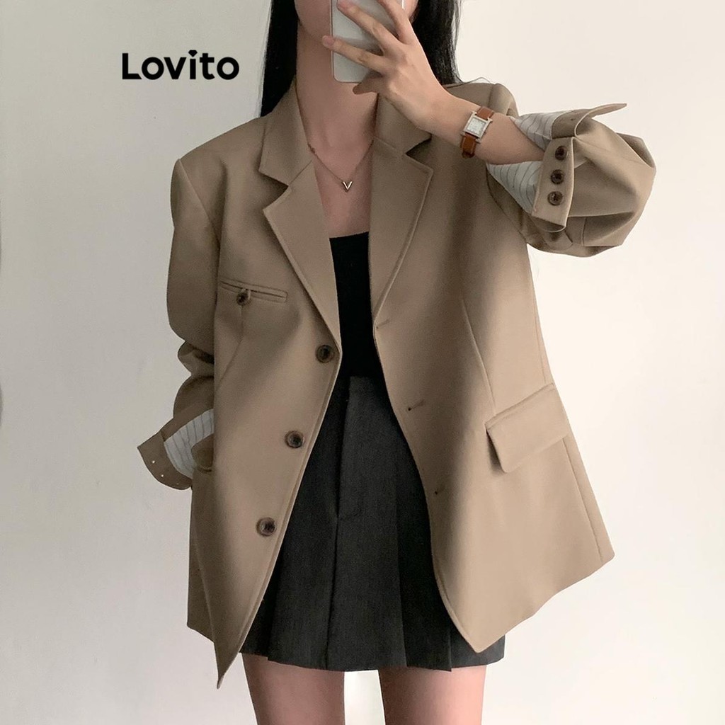 Lovito 女士休閒素色鈕扣口袋西裝外套 LNE71052