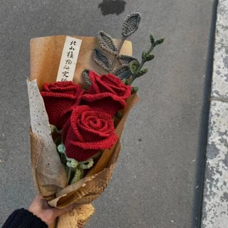 成品手工編織東巴花束 diy復古毛線鉤織酒杯玫瑰禮物 針織花束伴手禮品 鈎針毛綫花束成品 敎師節禮物 母親節女友閨蜜