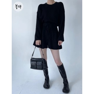 【HOT 本舖】 chic 韓版秋季復古休閒圓領抽繩系帶收腰顯瘦針織毛衣連體短褲