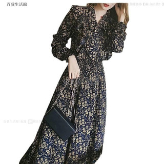 精緻女孩 洋裝雪紡碎花連衣裙修身早春新款女裝長袖打底裙法式蝴蝶結顯瘦長裙韓國連線 小仙女 連身裙 girl 細肩 顯瘦