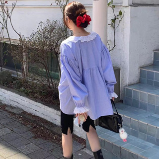 尺寸已更新INS博主款休閒慵懶風條紋花邊V領寬鬆顯瘦長袖上衣襯衫