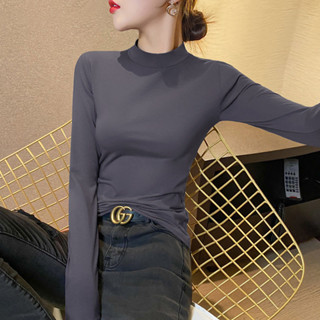 胖胖美依 上衣 莫代爾 長袖T卹 內搭衫保暖 M-3XL新款半高領打底衫純棉洋氣顯胸上衣薄款-2019.