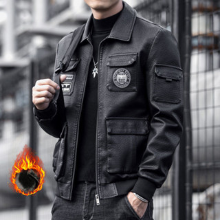 【YOKI】男士皮衣夾克24新款秋冬刷毛加厚韓版寬鬆潮流機車服翻領休閒外套 男裝外套 保暖外套 外搭 防寒 長袖外套
