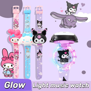 三麗鷗卡通燈光音樂 Led 手錶 Kuromi Melody Cinnamoroll 翻蓋夜光手錶兒童玩具手錶學生