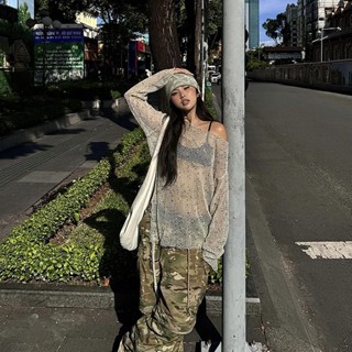 Cutenew 網眼透明T恤女夏秋季2024休閒街頭風寬鬆長袖上衣