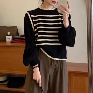 Umi💗法式假兩件泡泡袖針織衫女春年新款條紋拚接短款圓領顯瘦上衣 針織上衣 長袖上衣 針織毛衣 顯瘦上衣 女裝
