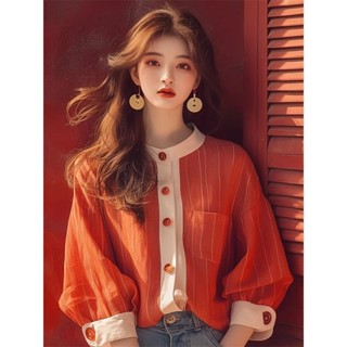 悅悅家 女裝上線 直髮2410 2024早秋新款上衣設計感時尚洋氣時髦韓系減齡橙色條紋長袖襯衫女
