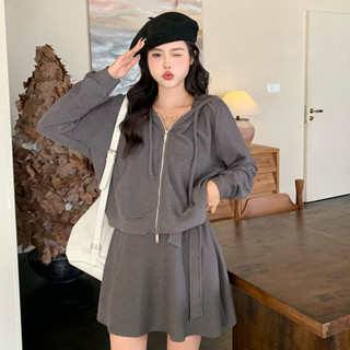 大尺碼女裝秋季洋裝套裝3件套簡約韓版甜美小外套寬鬆型素色套裝