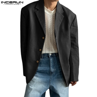 Incerun 男士韓版休閒寬鬆休閒簡約純色長袖西裝外套