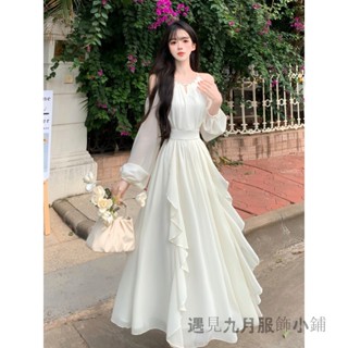 春季法式氣質大碼女裝長袖露肩公主裙禮服洋裝長袖洋裝純色連身裙長裙 不規則長裙洋裝 顯瘦露肩高級感珍珠雪紡荷葉邊連衣裙洋裝