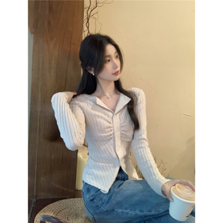 實拍實價 V領褶皺設計感針織開衫女辣妹修身短款百搭氣質長袖上衣
