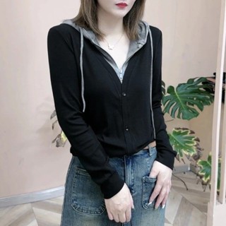2024 春秋 新品 顯瘦 時尚休閒 透氣 百搭 連帽 打底衫 拼接 半拉鏈 長袖 上衣