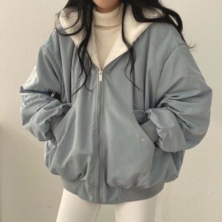 臺灣出貨 秋冬 兩面穿 韓國學院風拉鍊設計長袖棉服 刷毛加厚羔羊毛絨外套女 帶口袋 保暖連帽外套 寬鬆棒球服 米克