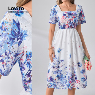 Lovito 優雅連衣裙花邊刺繡 女人好質感連衣裙 LR12L103