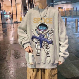 NANS 臺灣現貨 男生長袖 港風chic寬鬆圓領衛衣男士春秋季款無帽套頭上衣韓版潮牌休閒外套