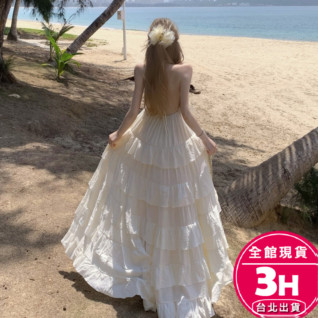 【梨卡】隔日到貨 女裝 洋裝 長裙 蛋糕裙 收腰洋裝 露背吊帶 掛脖連身裙 韓版洋裝 百搭洋裝C66519【現貨24H】