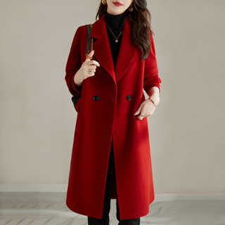 法式紅毛呢大衣女2024新款秋冬高階氣質減齡雙排扣呢子中長款外套