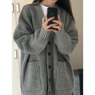 灰色中長款毛衣外套女春秋外搭外穿慵懶復古奶系穿搭秋冬針織開衫