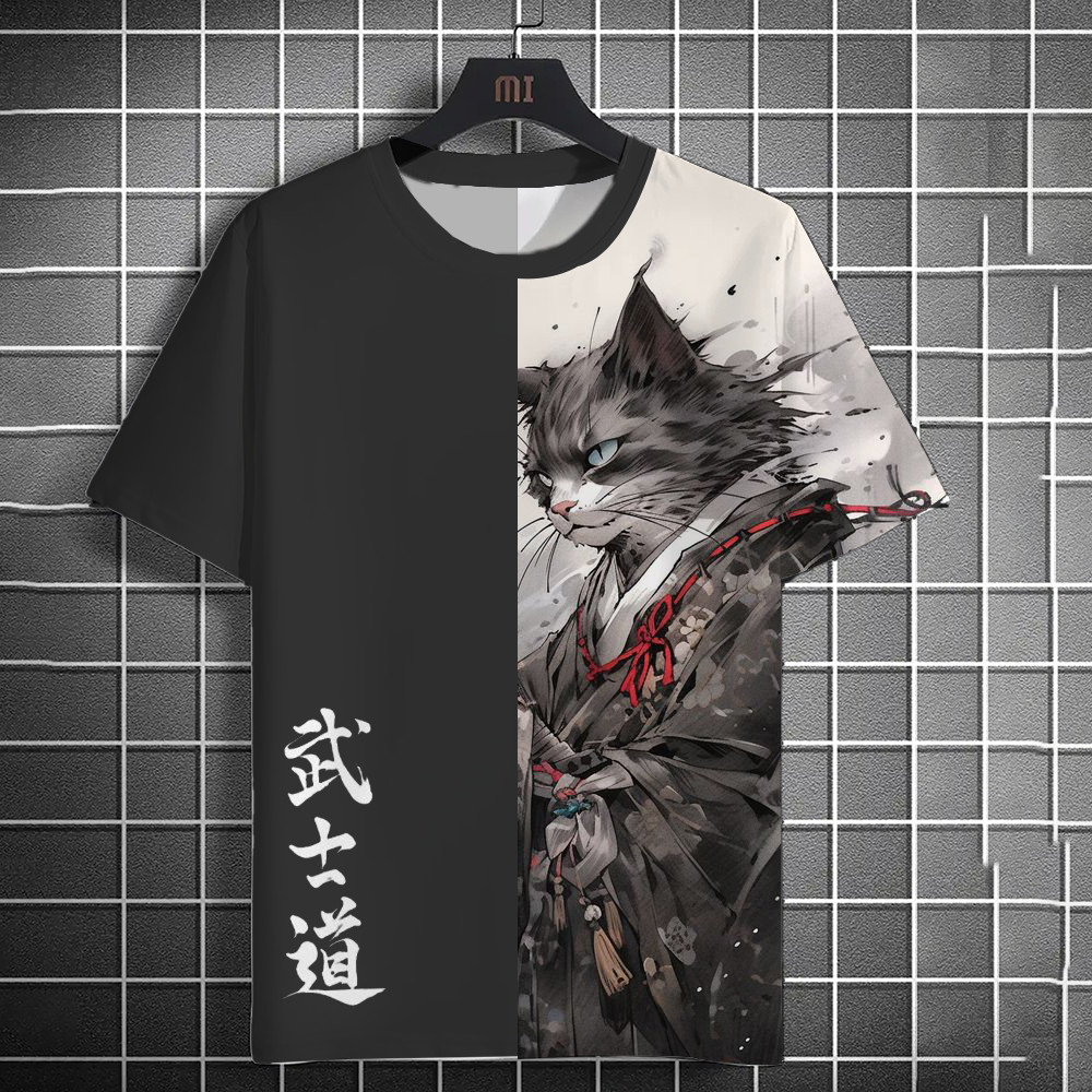 武士道動物貓武士印花男T恤夏季短袖T恤男士復古男士上衣休閒男士寬鬆T恤