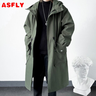 ASFLY風衣外套男春秋休閒寬鬆連帽外套韓版時尚長款工裝外套男