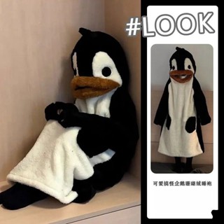 臺灣發貨--可愛搞怪企鵝珊瑚絨睡衣女秋冬季新款沙鵰卡通加絨加厚毛絨家居服