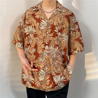 夏威夷情侶海邊沙灘襯衫男 痞帥設計小眾復古寬鬆五分袖休閒衫衣男m-3xl【日記】