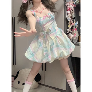 法式多巴胺吊帶洋裝女夏季2025新款收腰顯瘦蝴蝶結蓬蓬裙短裙 Pearl Girl