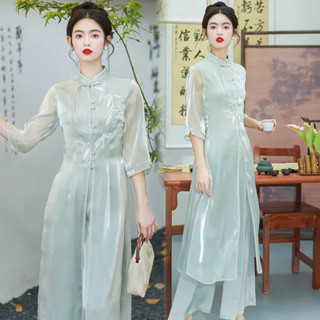 夏季傳統越南女人旗袍套裝東方刺繡派對晚禮服