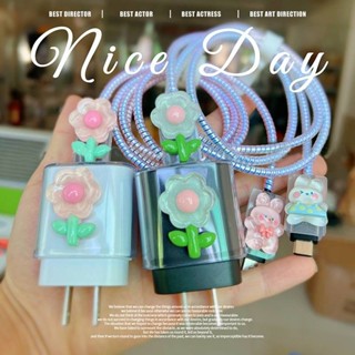 SAMSUNG 適用於三星 25W 充電器保護套 5 件套 3D 花兔熊冰淇淋貼紙裝飾鐳射線彈簧線保護器數據線紮帶軟 T