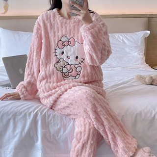 凱蒂貓小熊珊瑚絨女士睡衣加厚長褲卡通可愛家居服套裝