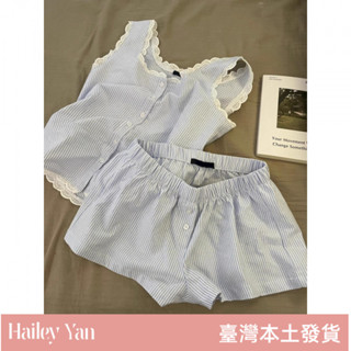 【Hailey Yan】睡衣 居家服 睡褲 吊帶背心 短褲 上衣 短袖 雲朵棉紗佈夏季蕾絲花邊套裝ins傢居服高階感