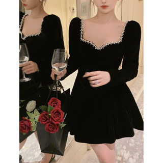 【❤️臺灣現貨】 法式 生日party小禮服 名媛重工 氣質洋裝 小黑裙 小個子洋裝 輕奢禮服 絲絨連衣裙
