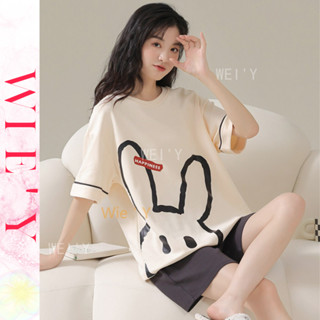🌸WIE' Y🌸「卡通圖案睡衣」棉質女生睡衣 2件式套裝 日本家居服 夏季寬鬆圓領居家服 純棉短袖短褲休閒睡衣