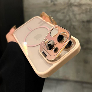 粉色金屬鏡框折疊支架磁性手機殼適用於 iPhone 11 12 13 14 15 16 Pro Max Plus 外殼適