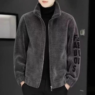 【lovely】2024男士外套秋冬羊剪絨立領夾克男士刺繡一體羊羔絨男裝外套防風外套 韓版外套 日系外套