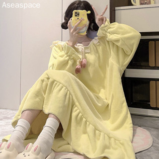 aseaspace.法蘭絨睡裙兩件套女秋冬季加厚刷毛珊瑚絨可愛鬱金香公主風睡衣套裝裙毛絨家居服裙子