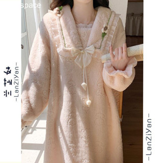 aseaspace.秋冬季甜美可愛睡衣裙子女法蘭絨公主風睡袍珊瑚絨刷毛小外套家居服睡裙套裝