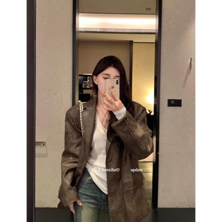 美拉德穿搭棕色機車PU皮衣外套女秋冬季美式複古寬鬆正肩西裝外套