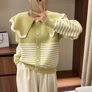 【HOT 本舖】 韓國東大門學院風洋氣外套女新款條紋減齡甜美風軟糯毛衣針織開衫